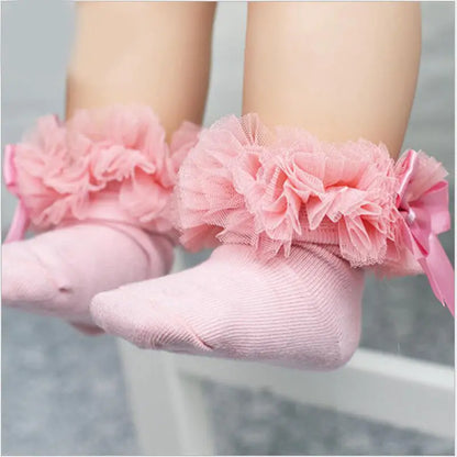 Baby Girls Socks With Bow Tie Lace Ruffle Princess Cotton Sock with Ribbons