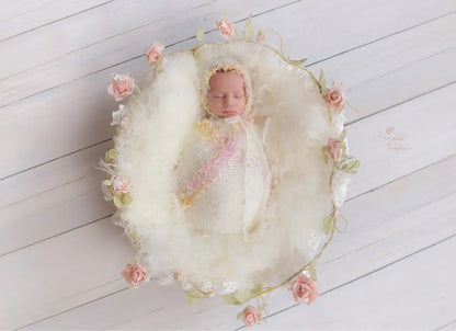 Newborn photography props,lace wrap with matching hat,stretch super fluffy,baby soft