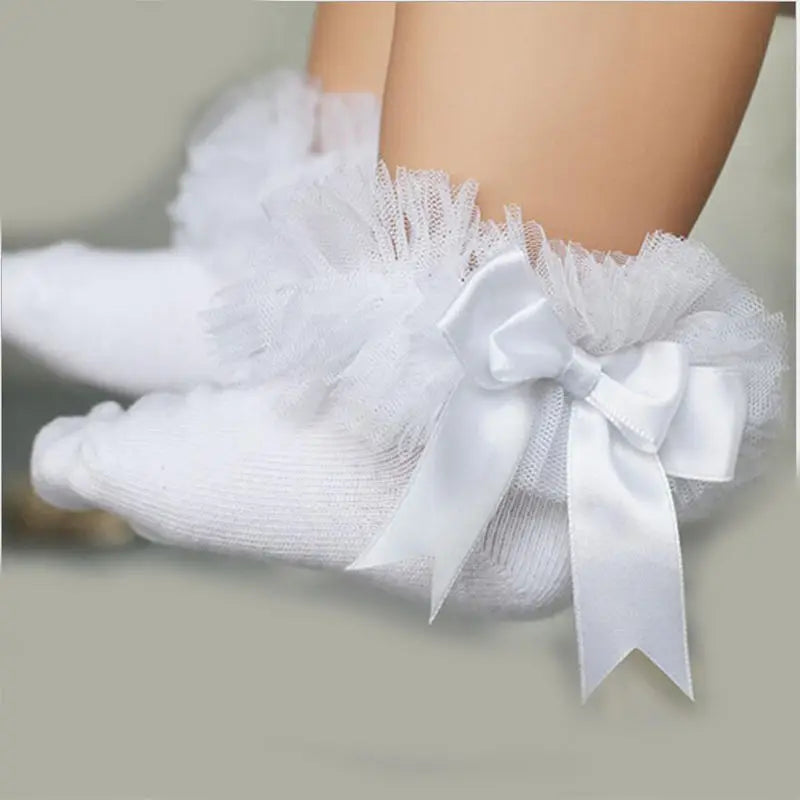 Baby Girls Socks With Bow Tie Lace Ruffle Princess Cotton Sock with Ribbons