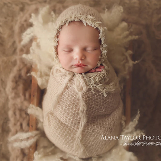 Newborn photography props,lace wrap with matching hat,stretch super fluffy,baby soft