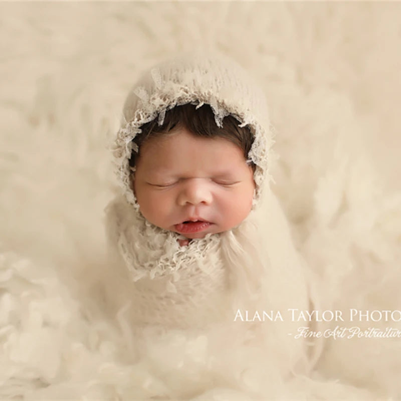 Newborn photography props,lace wrap with matching hat,stretch super fluffy,baby soft