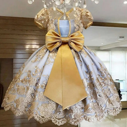 Lace Girls Dress Sleeveless Big Bow Wedding Evening Children Clothing