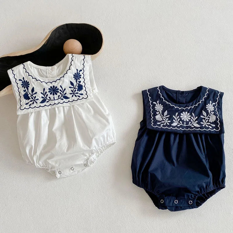 Baby Girls Jumpsuit Navy Collar Embroidery Cotton Newborn Bodysuits