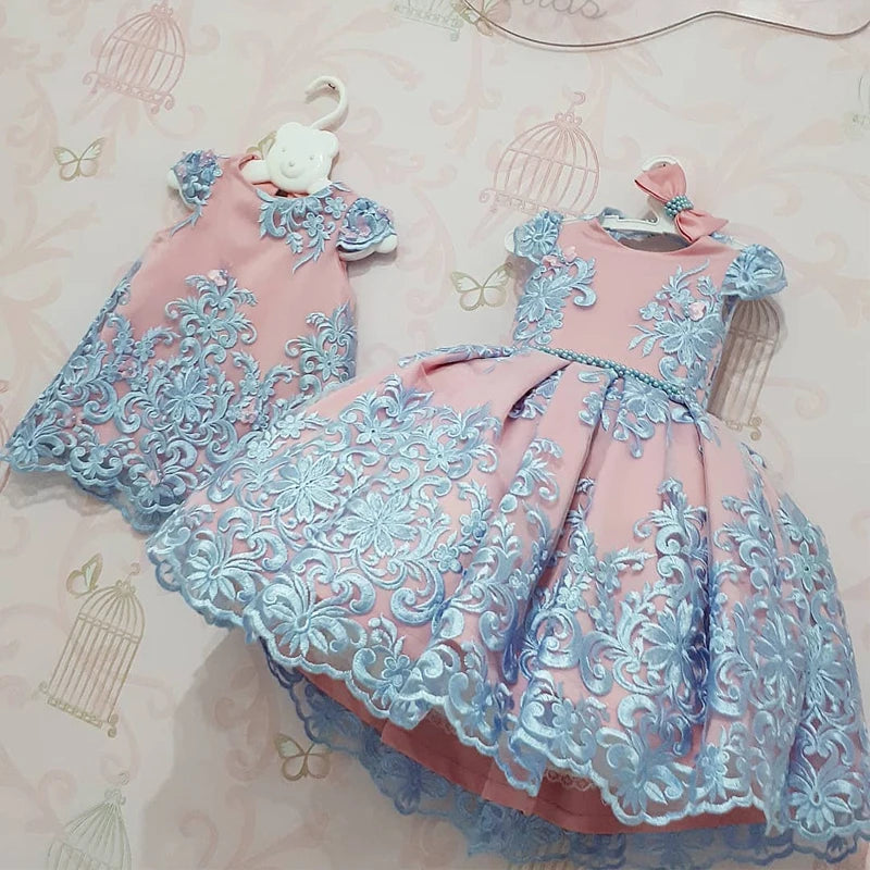 Lace Girls Dress Sleeveless Big Bow Wedding Evening Children Clothing