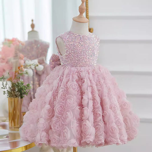 Girls' Sleeveless Sequined Three-dimensional Flower Pettiskirt
