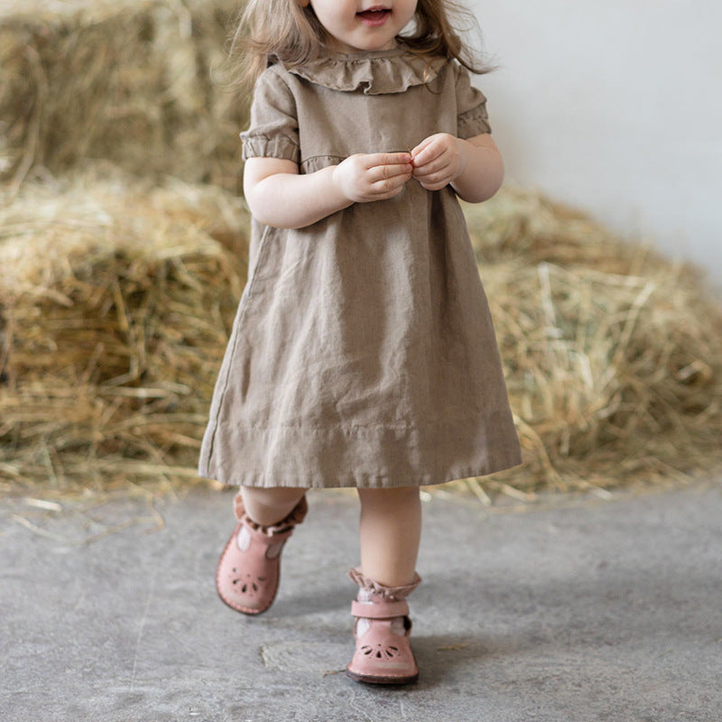 Cotton And Linen Children's Clothing Ruffled Round Neck Waist Puff Sleeve Dress