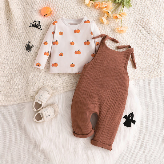 Baby Boy's Long-sleeved Pumpkin Printed T-shirt Suspender Pants Two-piece Set