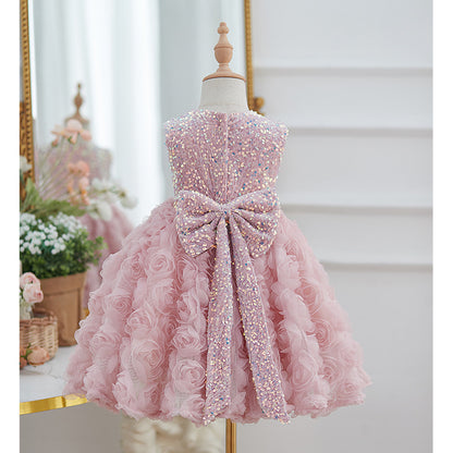 Girls' Sleeveless Sequined Three-dimensional Flower Pettiskirt