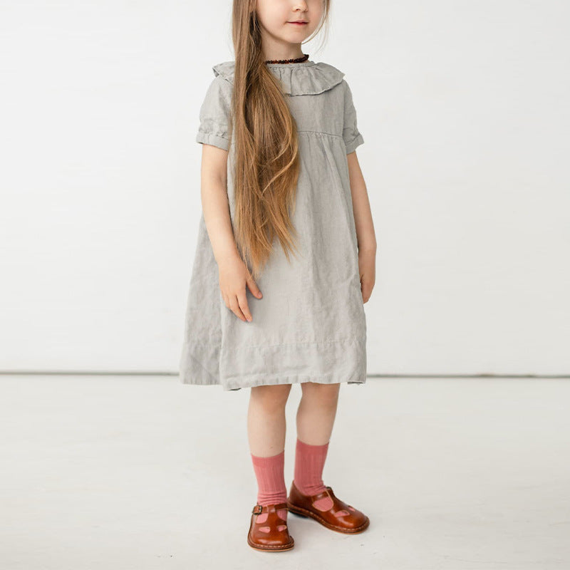 Cotton And Linen Children's Clothing Ruffled Round Neck Waist Puff Sleeve Dress