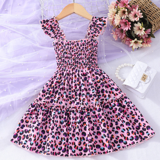Children Sleeveless Smocking Leopard Print Butterfly Rainbow Multicolor Printed Dress