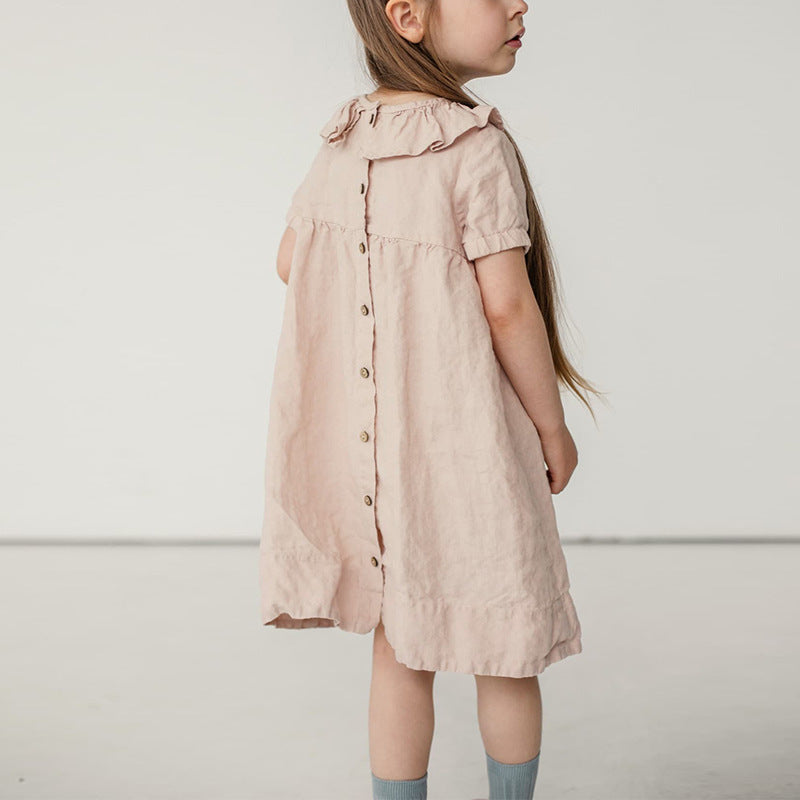 Cotton And Linen Children's Clothing Ruffled Round Neck Waist Puff Sleeve Dress