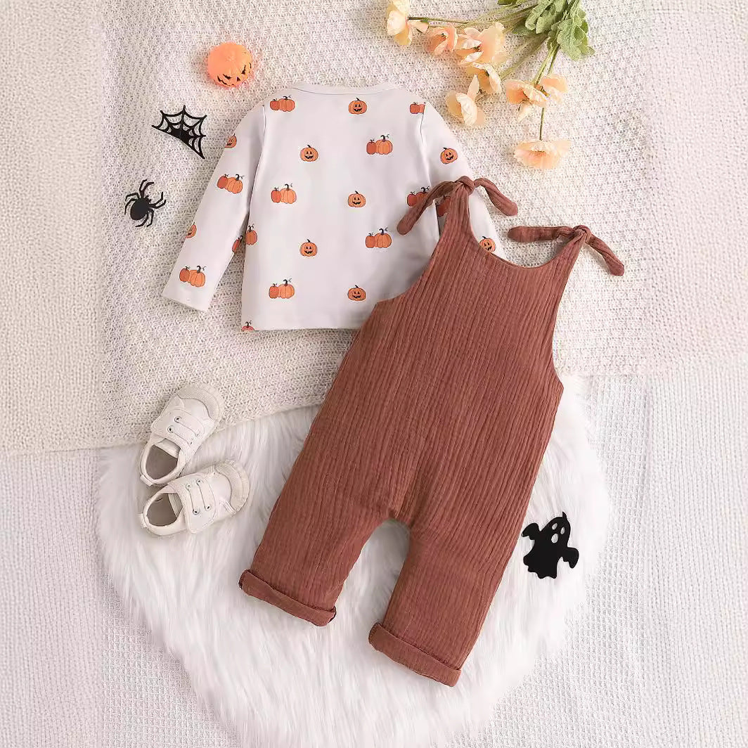 Baby Boy's Long-sleeved Pumpkin Printed T-shirt Suspender Pants Two-piece Set