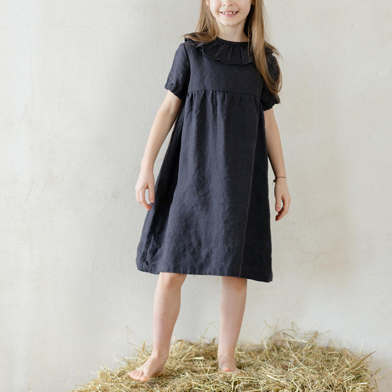 Cotton And Linen Children's Clothing Ruffled Round Neck Waist Puff Sleeve Dress