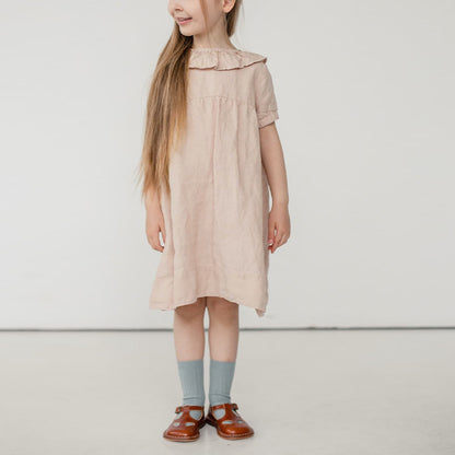 Cotton And Linen Children's Clothing Ruffled Round Neck Waist Puff Sleeve Dress