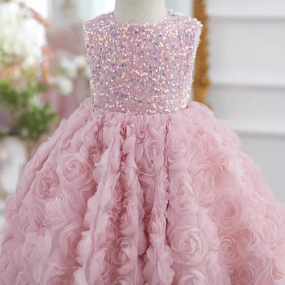 Girls' Sleeveless Sequined Three-dimensional Flower Pettiskirt