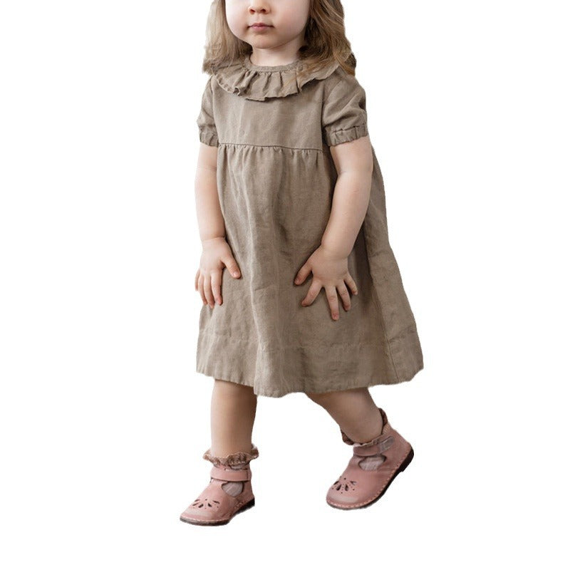 Cotton And Linen Children's Clothing Ruffled Round Neck Waist Puff Sleeve Dress