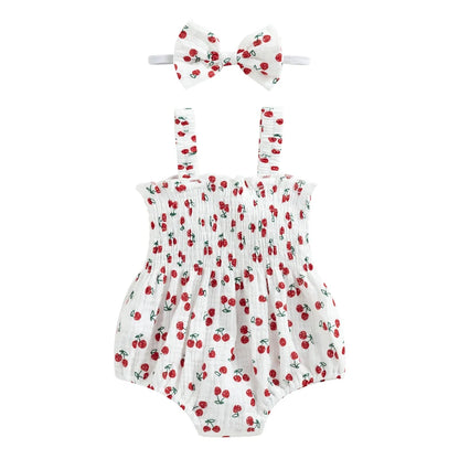 Newborn Infant Girls Carrot Print Sleeveless Cotton Linen Bodysuits Jumpsuits Headband