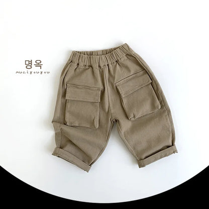 Children Casual Pants Cotton Boys Big Pocket Trousers Solid Baby Girls Versatile Pants