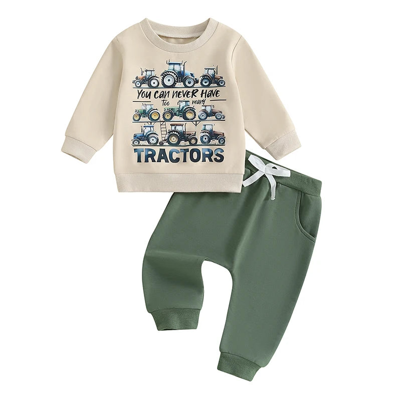 Baby Boy Track Suit Tractor Letter Print Sweatshirt and Elastic Pants 2 Piece