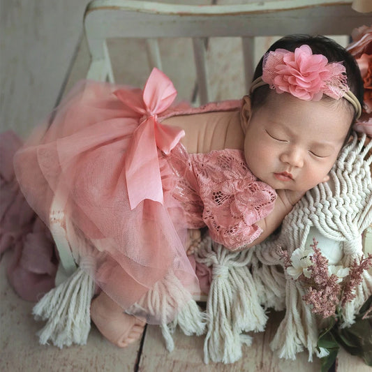 Newborn Lace Photography Outfits Big Bow Mesh Romper with Hairband Baby Girl Photography Clothes