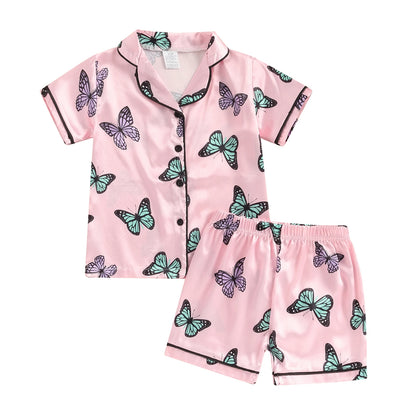 Girls Summer Pajama Sets Short Sleeve Lapel Shirt Butterfly Print Pants