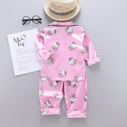 Children Spring Lapel Neck Long Sleeve Sanrio Hello Kitty Print Top+Trousers