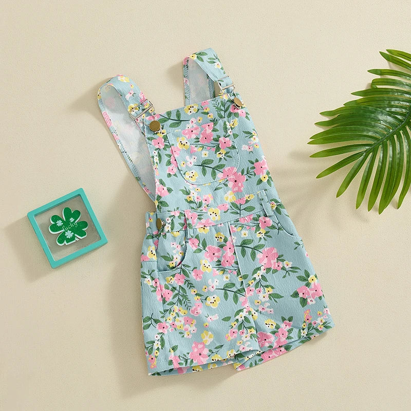 Baby Girl Sleeveless Floral Print Jumpsuit Shortalls Kids Rompers with Pockets