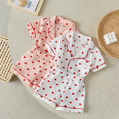 Toddler Baby Girl Pajama Set Button Down Short Sleeve Tops + Elastic Waist Heart Print