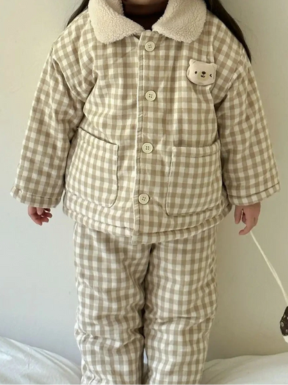 New Children Pajamas Suit Fashion Plaid Boys Girls Thicken Warm Home Clothes Set