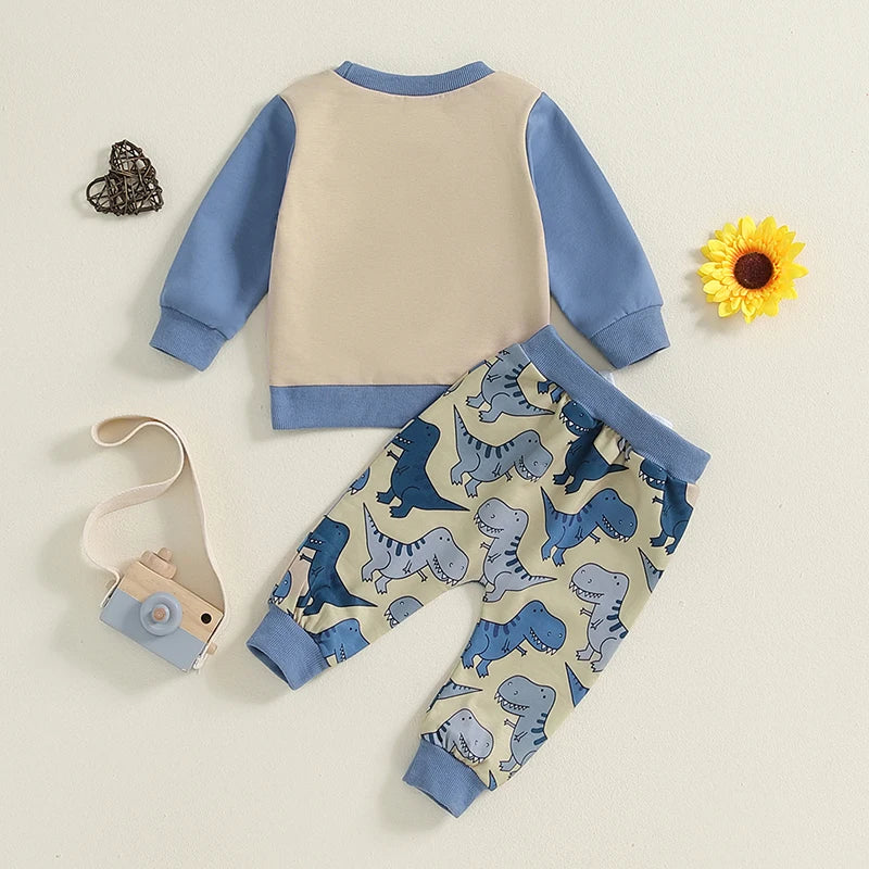 Baby Boy Fall Outfit Dinosaur Print Sweatshirt Tops and Elastic Waist Pants