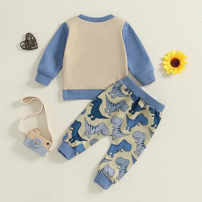 Baby Boy Fall Outfit Dinosaur Print Sweatshirt Tops and Elastic Waist Pants