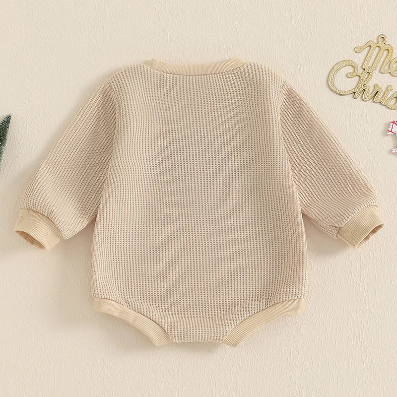 Newborn Baby Christmas Sweatshirt Romper, Waffle Letter Embroidery Bodysuit