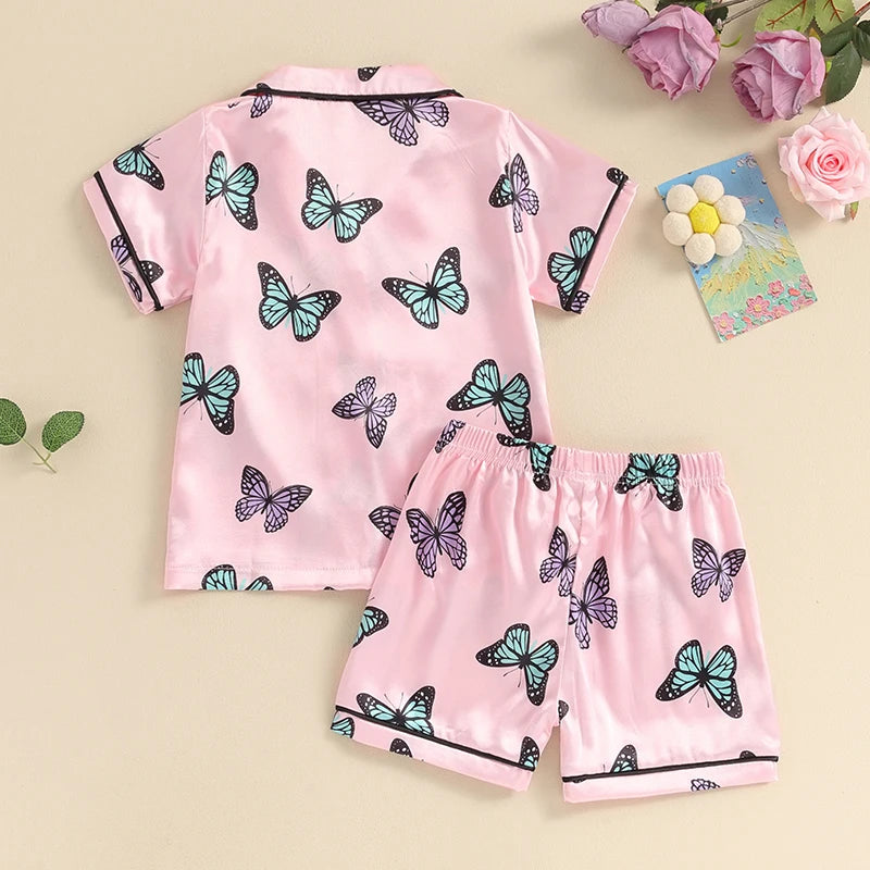 Girls Summer Pajama Sets Short Sleeve Lapel Shirt Butterfly Print Pants