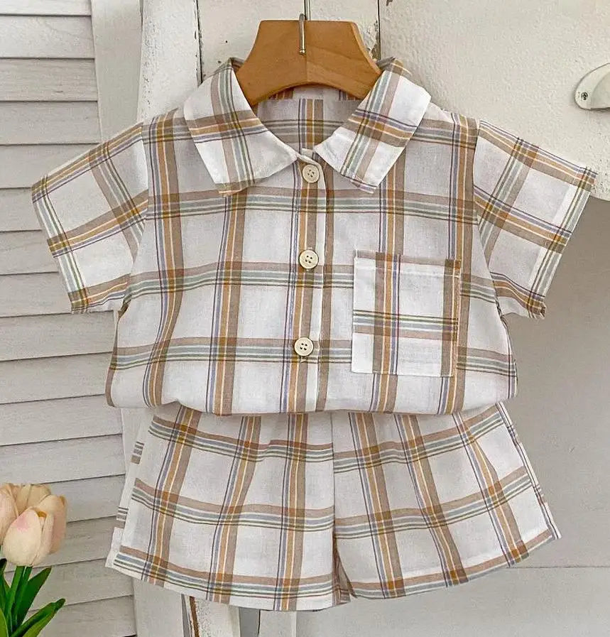 Boy Girl Children Striped Shirt Set Baby Fashion Short Sleeve Lapel Tops+Shorts