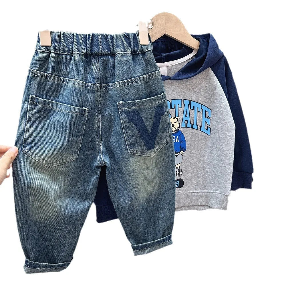 Boys Elastic Waist Pockets Students Boys Jeans Letter Exterior Loose Trousers