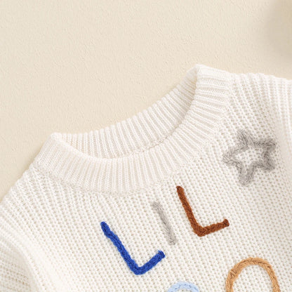 Little Boy Knitted Sweater Letter Star Embroidery Crew Neck Long Sleeve Casual Pullover