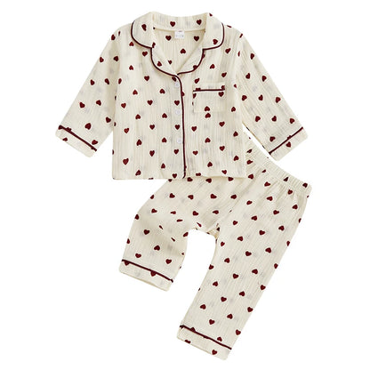 Girls Pajama Set Heart Print Long Sleeves Shirt and Elastic Waist Pants