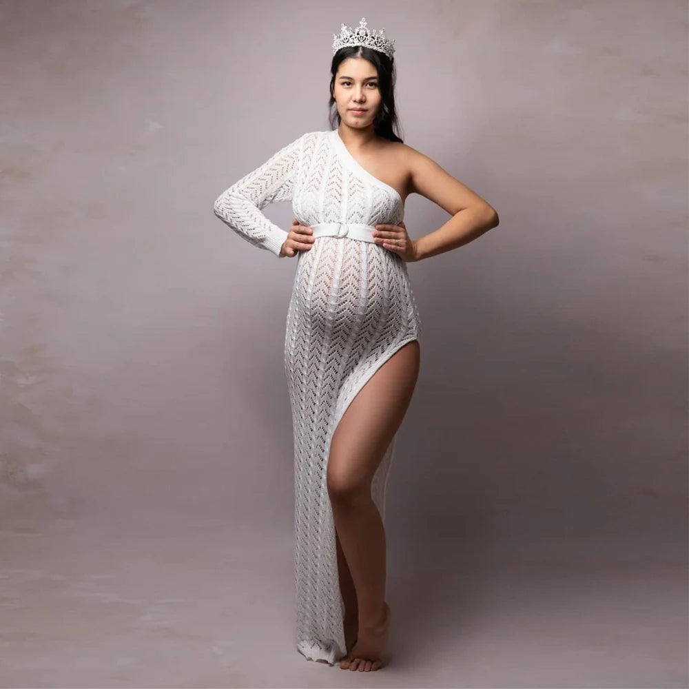 Maternity Photography Dress Sexy High Slit Knitted Dress One Shoulder Long Skirt