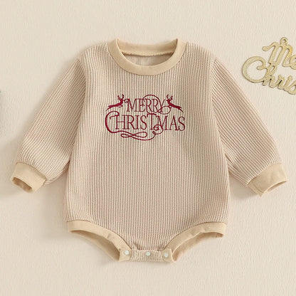 Newborn Baby Christmas Sweatshirt Romper, Waffle Letter Embroidery Bodysuit