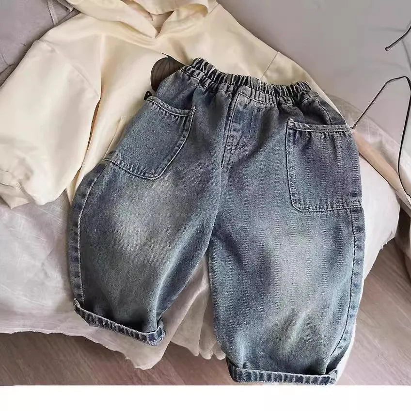 New Casual Pants Children Side Pocket Grinding White Boys Jeans