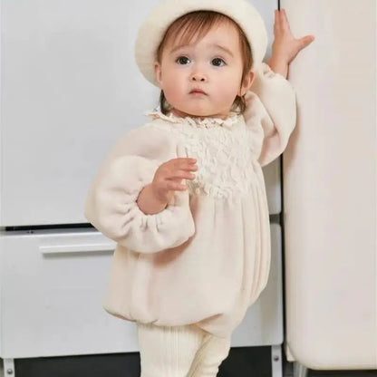 Baby Fleece Thick Lace Collar Puff Sleeves Bodysuit Newborn Infant Onesie