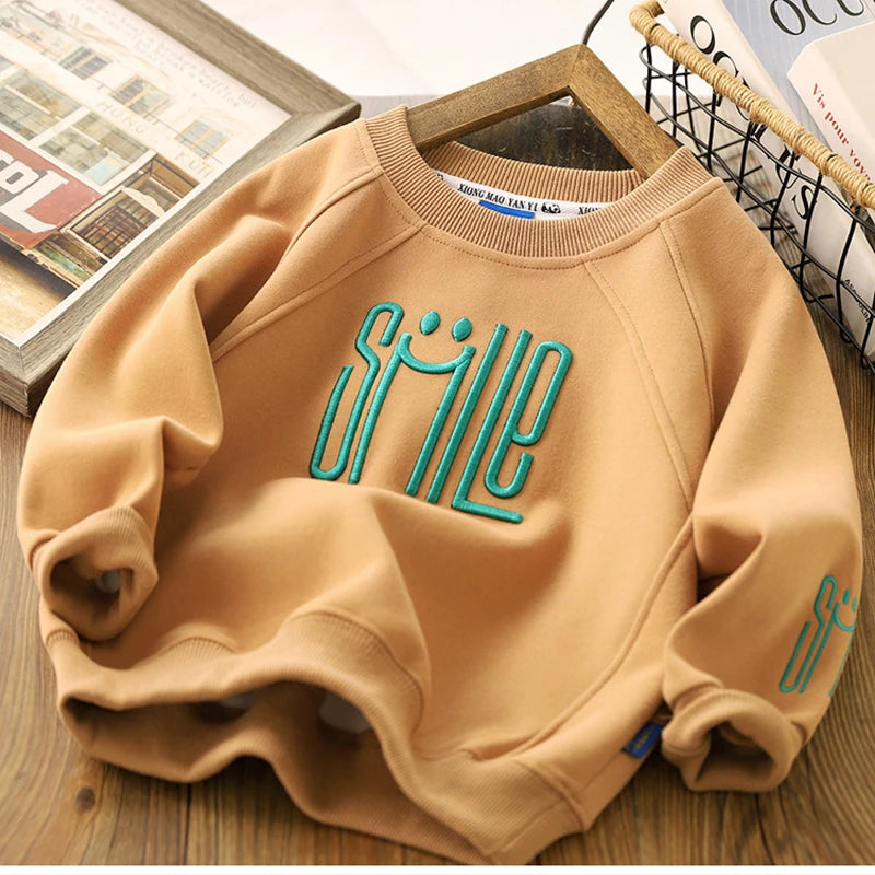 New Big Size Boys Shirt Fashion Letter Smile Full Sleeve Teenager Boys Sweatshirt