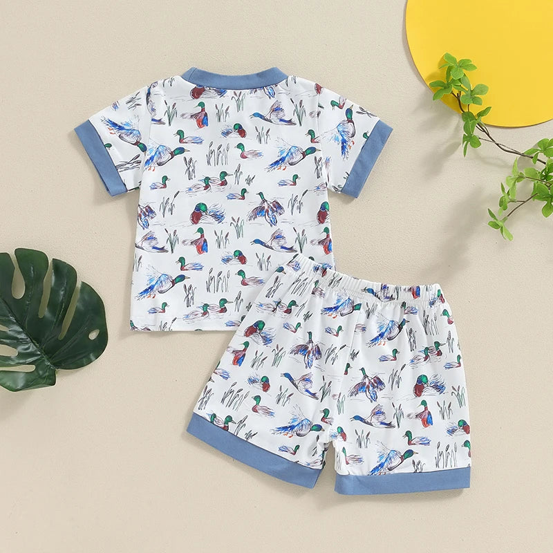 Boys Shorts Set, Duck Print Short Sleeve T-shirt with Elastic Waist Shorts