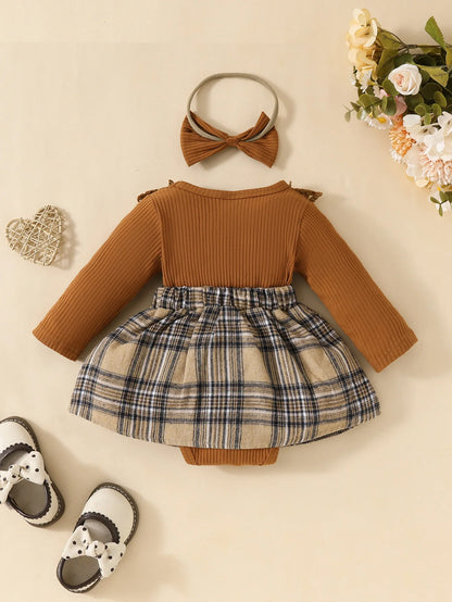 Baby Gilrs  Plaid With Bow Honey Jumpsuit +Headband