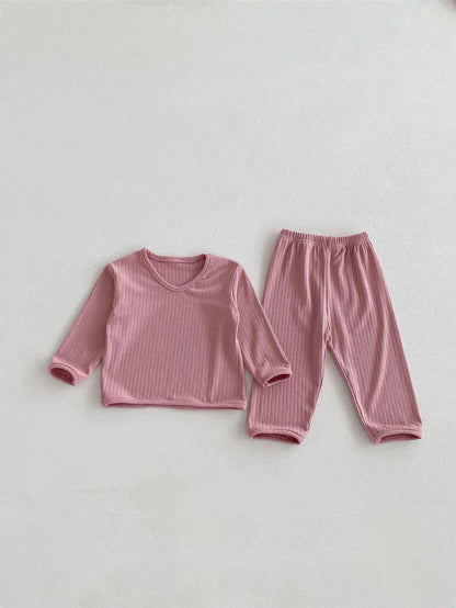 Boy Girl Pajamas Suit Baby Ribbed Long Sleeve Tops+pants Sleepwear 2pcs