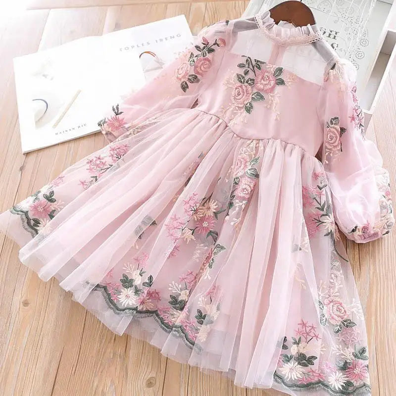 Little Children Party Kids Casual Dress Pink Floral Embroidery Dresses