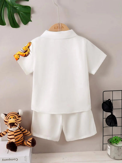 Boy Gentlemen Clothes Set Kitten Pattern Lapel Collar Top with Shorts