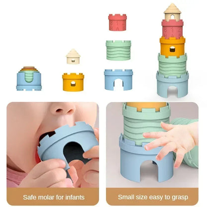 Baby Cartoon Silicone Castle Stack Cup Toys Digital Cognitive Building Blocks for Kids