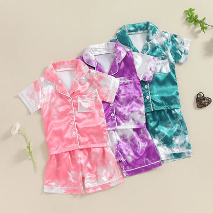 Girls Summer Pajama Sets Tie Dye Print Shirt Shorts Sleepwear Casual Homewear