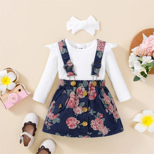 Baby Girls Solid Color Ribbed Romper Floral Denim Skirt Headband Lovely 3Pcs Outfits